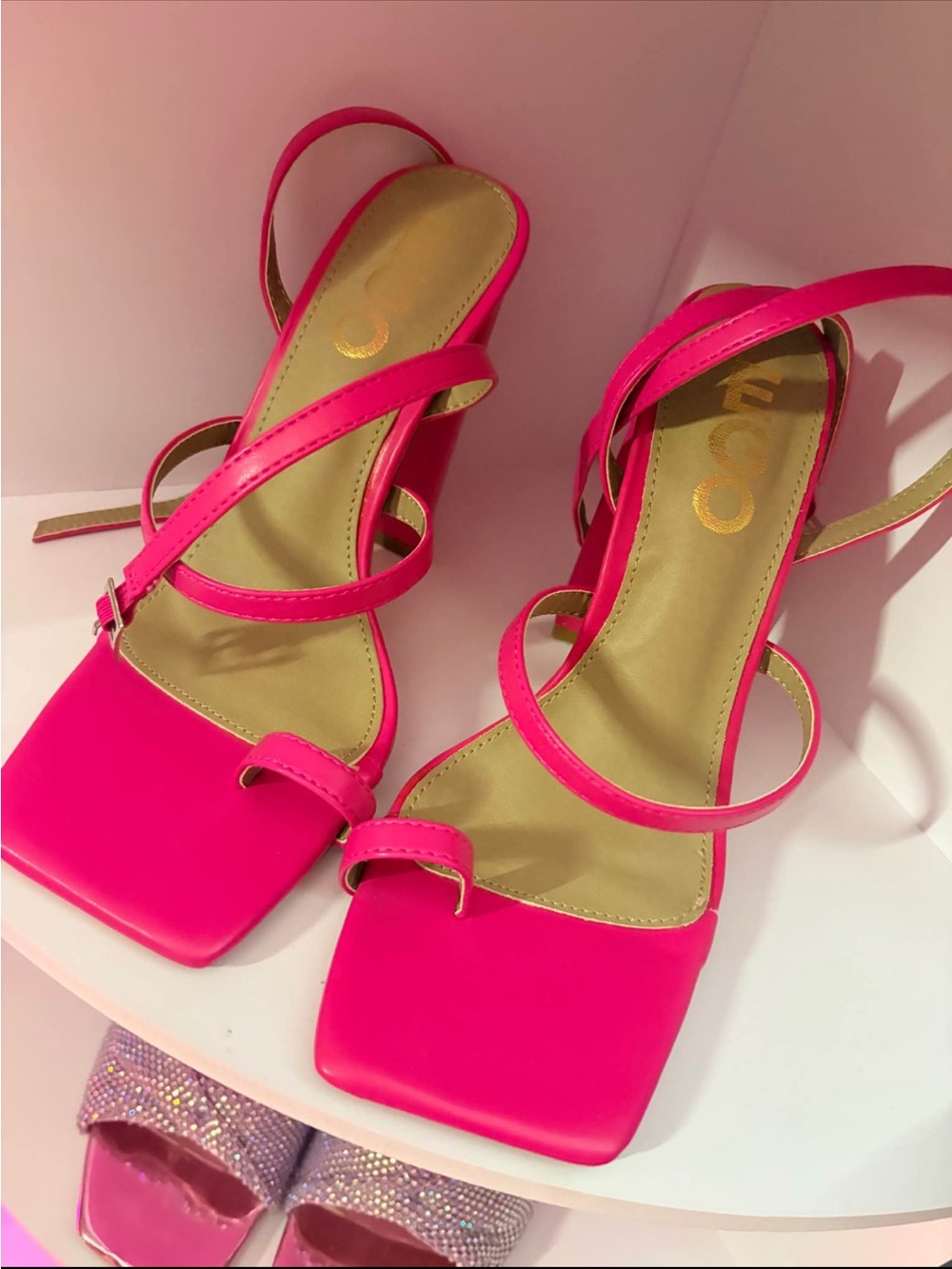 EGO Strappy Square-Toe Heels in Hot Pink